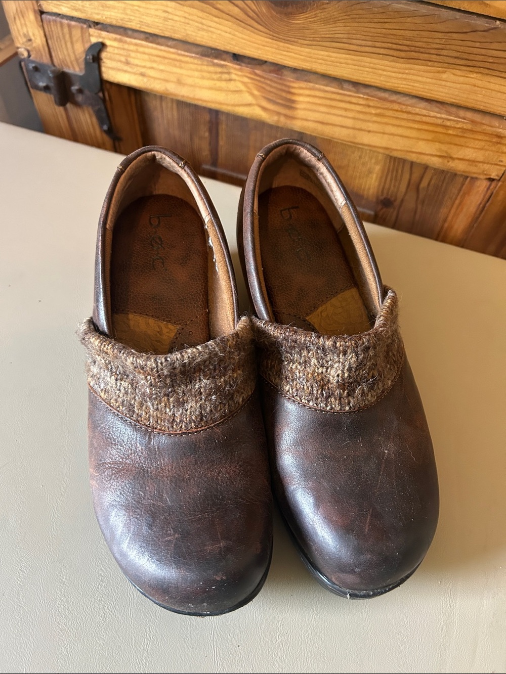 boc Brown Leather Mules with Knit Cuff